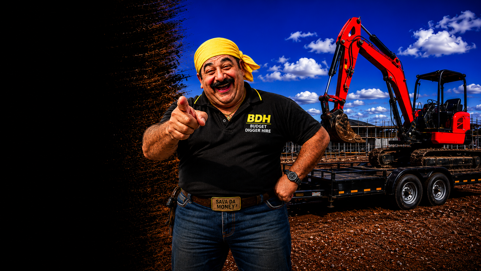 Hire operator pointing to digger rates beside a mini excavator on trailer